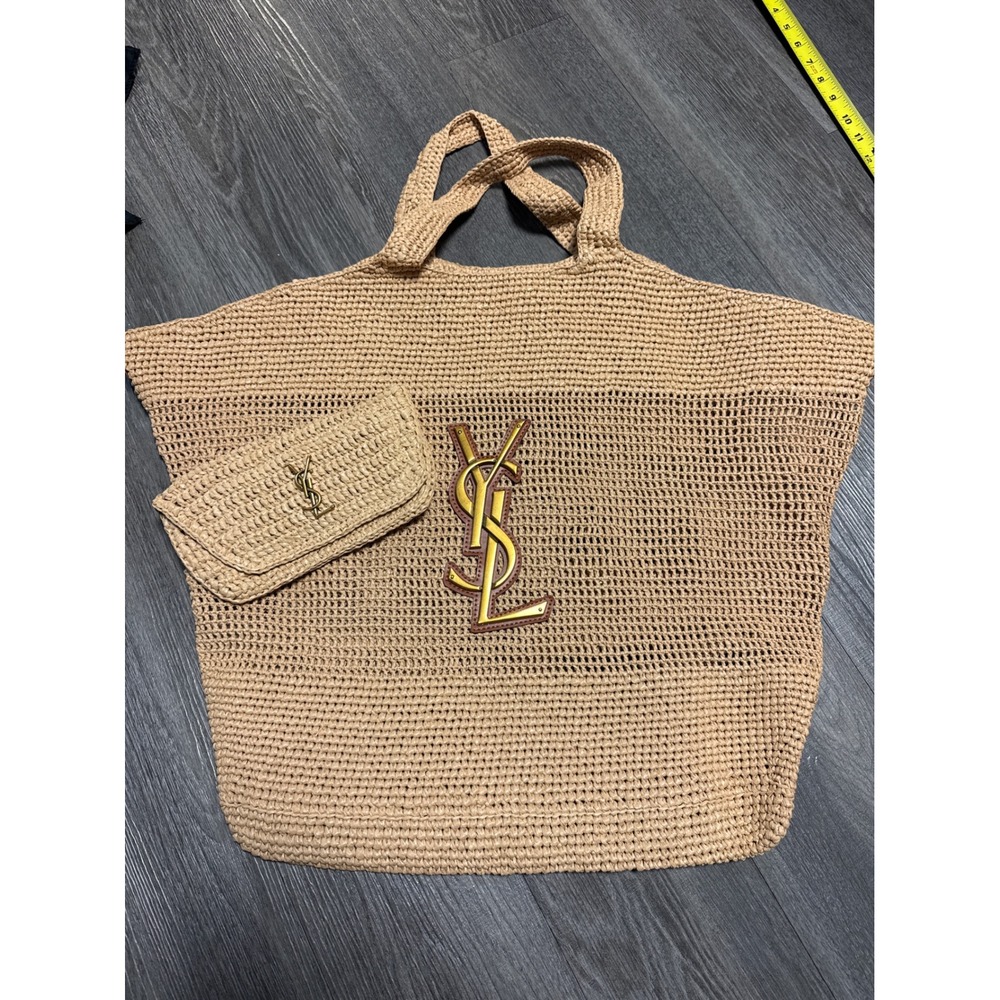 Saint Laurent Panier large Raffia Tote Bag Tan YSL Monogram with Pouch